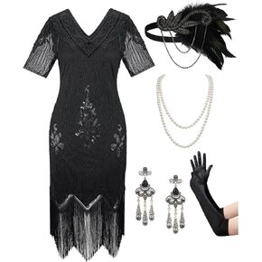 SWEETV Women's Flapper Dresses 1920s Fringed Sequin Great Gatsby Dress with 20s Accessories -Roaring 20s Costumes