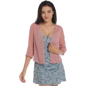 Womens Summer Chiffon Shrug Open Front 3/4 Sleeve Cardigan Sweater Beach Cover Up with Lace Trim