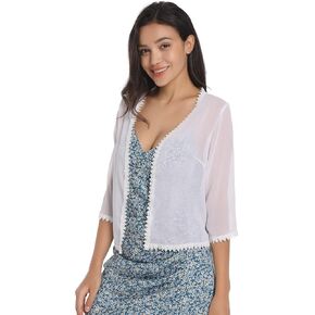 Womens Summer Chiffon Shrug Open Front 3/4 Sleeve Cardigan Sweater Beach Cover Up with Lace Trim