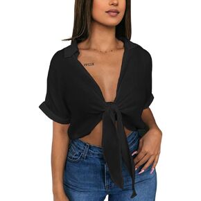 GOBLES Womens Summer Short Sleeve Shirts V Neck Tie Knot Batwing Blouses Tops in Saudi Arabia