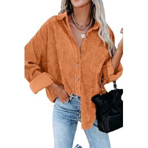 قمصان CHYRII النسائية القصيرة كاجوال كبيرة الحجم بأزرار سفلية وأكمام طويلة، قمصان وبلوزات مع جيوب in Kuwait