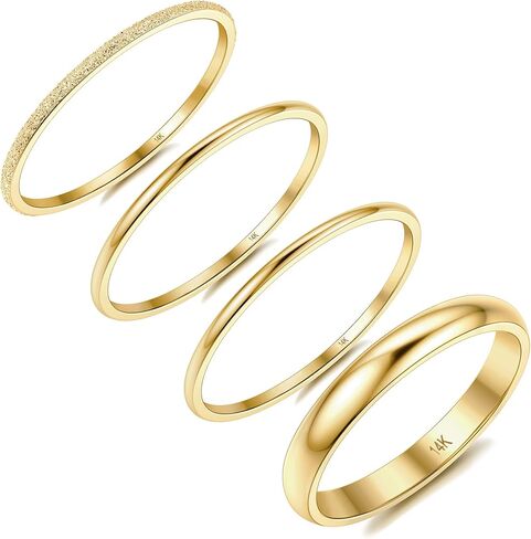 Helicopchain 4 قطع حلقات مملوءة بالذهب عيار 14 قيراط حلقات التراص للنساء خاتم ذهبي رفيع خاتم إبهام عادي خاتم بلمسة نهائية من الرمل 1 مم 3 مم مريح مناسب مقاس 5-10 in Kuwait