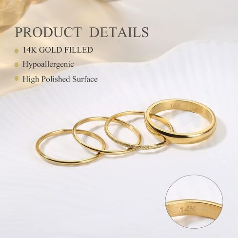 Helicopchain 4 قطع حلقات مملوءة بالذهب عيار 14 قيراط حلقات التراص للنساء خاتم ذهبي رفيع خاتم إبهام عادي خاتم بلمسة نهائية من الرمل 1 مم 3 مم مريح مناسب مقاس 5-10 in Kuwait