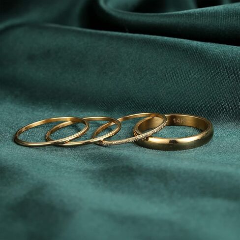 Helicopchain 4 قطع حلقات مملوءة بالذهب عيار 14 قيراط حلقات التراص للنساء خاتم ذهبي رفيع خاتم إبهام عادي خاتم بلمسة نهائية من الرمل 1 مم 3 مم مريح مناسب مقاس 5-10 in Kuwait