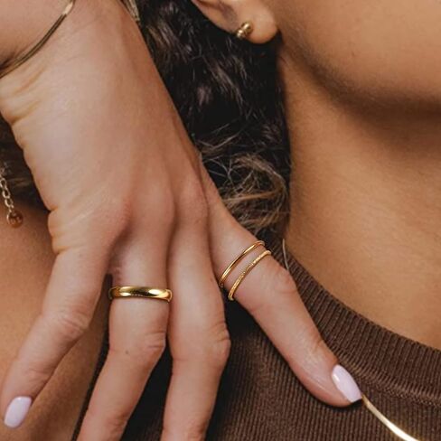 Helicopchain 4 قطع حلقات مملوءة بالذهب عيار 14 قيراط حلقات التراص للنساء خاتم ذهبي رفيع خاتم إبهام عادي خاتم بلمسة نهائية من الرمل 1 مم 3 مم مريح مناسب مقاس 5-10 in Kuwait