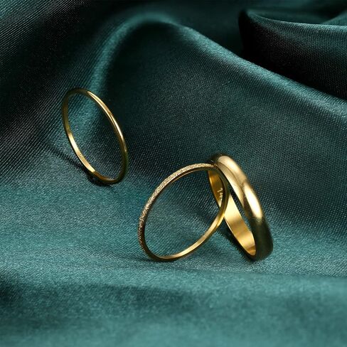 Helicopchain 4 قطع حلقات مملوءة بالذهب عيار 14 قيراط حلقات التراص للنساء خاتم ذهبي رفيع خاتم إبهام عادي خاتم بلمسة نهائية من الرمل 1 مم 3 مم مريح مناسب مقاس 5-10 in Kuwait