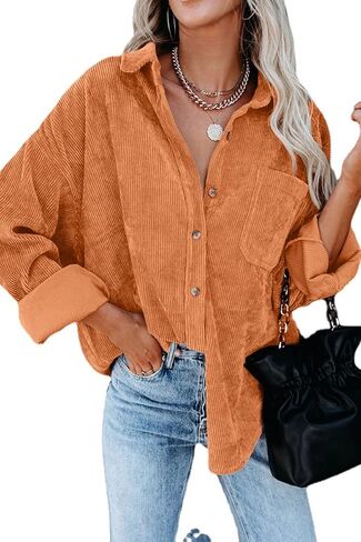 قمصان CHYRII النسائية القصيرة كاجوال كبيرة الحجم بأزرار سفلية وأكمام طويلة، قمصان وبلوزات مع جيوب in Kuwait