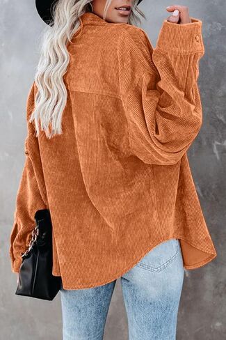 قمصان CHYRII النسائية القصيرة كاجوال كبيرة الحجم بأزرار سفلية وأكمام طويلة، قمصان وبلوزات مع جيوب in Kuwait