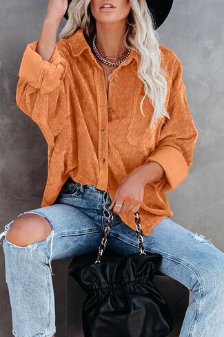 قمصان CHYRII النسائية القصيرة كاجوال كبيرة الحجم بأزرار سفلية وأكمام طويلة، قمصان وبلوزات مع جيوب in Kuwait