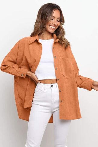 قمصان CHYRII النسائية القصيرة كاجوال كبيرة الحجم بأزرار سفلية وأكمام طويلة، قمصان وبلوزات مع جيوب in Kuwait