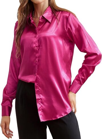 قميص نسائي من WARHORSEE بأزرار للأسفل وأكمام طويلة، قمصان عمل خالية من التجاعيد، بلوزات من الساتان، ملابس عمل غير رسمية in Kuwait