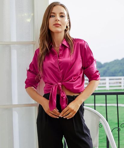 قميص نسائي من WARHORSEE بأزرار للأسفل وأكمام طويلة، قمصان عمل خالية من التجاعيد، بلوزات من الساتان، ملابس عمل غير رسمية in Kuwait