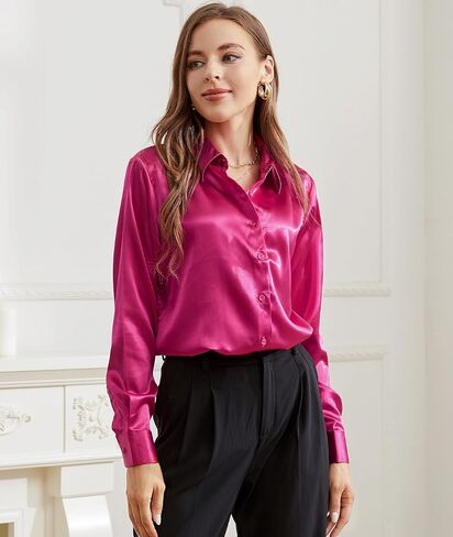 قميص نسائي من WARHORSEE بأزرار للأسفل وأكمام طويلة، قمصان عمل خالية من التجاعيد، بلوزات من الساتان، ملابس عمل غير رسمية in Kuwait