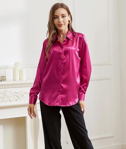 قميص نسائي من WARHORSEE بأزرار للأسفل وأكمام طويلة، قمصان عمل خالية من التجاعيد، بلوزات من الساتان، ملابس عمل غير رسمية in Kuwait