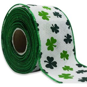 Saint Patrick's Day Fabric Ribbons, Brown Green Clovers Edge Wired Burlap Ribbon for St Patrick Day Irish Hanging Wrapping Party Gift Decoration Outdoor Crafts Supplies (2.5 Inch * 10 Yards * 1 Roll)