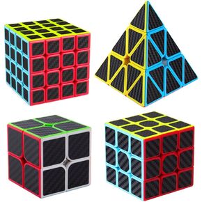 Roxenda Speed Cube Set, Speed Cube Bundle of 2x2 3x3 4x4 and Pyramid Cube Smoothly Magic Cubes Collection for Kids Teens & Adults [4 Pack] (Carbon Fiber)