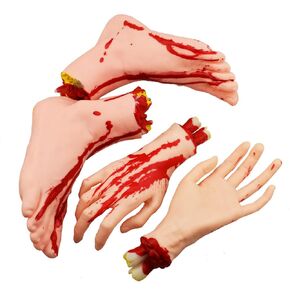 XONOR Halloween Severed Hands Feet Set Scary Bloody Broken Body Parts Halloween Props Decorations, 4 Pieces(Feet & Hands) (Black)