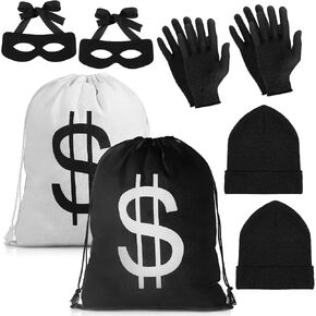 Zonon 8 Pieces Robber Costume Set Include Dollar Sign Money Drawstring Bag Canvas Cash Sack Eye Mask Knit Beanie Hat and Black Gloves for Halloween Bank Robber Cosplay Thief Burglar Theme Party in Saudi Arabia
