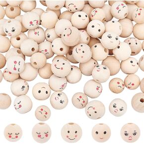 PH PandaHall 100pcs 5 Styles Smile Face Wood Beads, 15~18mm Wooden Beads with 4~5mm Hole Spacer Beads Wooden Loose Bead for Angel Head DIY Bracelet Necklace Jewelry Macrame Hair Crafts Christmas Decor in Kuwait