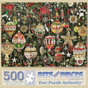 Bits and Pieces - 500 Piece Jigsaw Puzzle for Adults 18" x 24" - Christmas Ornaments - 500 pc Holiday Tree Decoration Flowers Stars Winter Jigsaw by Artist Barbara Behr in Kuwait