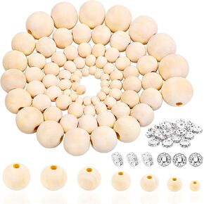 1050 قطعة من الخرز الخشبي غير مكتمل للحرف اليدوية، 7 أحجام كرات خشبية مستديرة طبيعية خرز خشبي فضفاض إكليل كروي مع فاصل خرز لصنع المجوهرات DIY (6 مم/8 مم/10 مم/12 مم/ 14 مم/ 16 مم/ 20 مم/ 20 مم) in Kuwait
