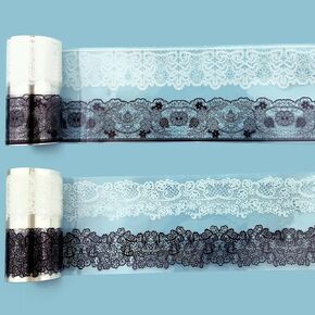 شريط دانتيل PET عتيق من PrettyLife 2 لفات 4 أنماط أبيض وأسود وزهور ذاتية اللصق من الدانتيل لسجل القصاصات ومخططي المجلات وإطار الصور وحرف دعوة الزفاف DIY (أسود أبيض -2) in Kuwait