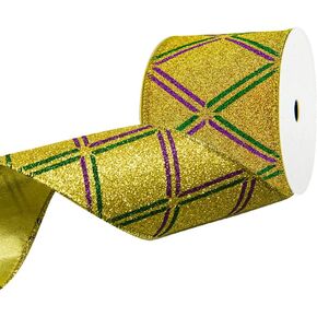 Mardi Gras Ribbons 2.5 Inch ×10 Yards, Mardi Gras Wired Edge Ribbons Glitter Gold Green Purple Ribbon Fat Tuesday Craft Ribbons for Gift Wrapping Carnival Masquerade Cosplay Party Decor