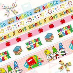 Hying 6 PCS Welcome Back to School Ribbons, 1" & 3/8" Width School Themed Grosgrain Ribbons Red Yellow Blue Ribbon School Bus Gnomes Craft Ribbons for Gift Wrapping DIY Teacher Appreciation Supplies
