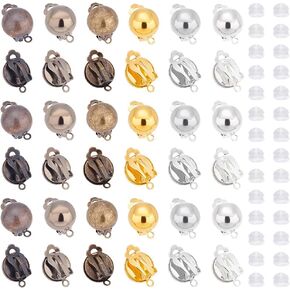 UNICRAFTALE 36Pcs 6 Colors Brass Clip-on Earring Findings Half Round Clip On Earring Converter Non-Pierced Earrings Components with Loop and 40Pcs Silicone Ear Nuts for Earring Making