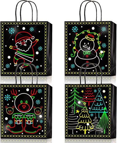 40 عبوة من AVLA تتوهج في الظلام، حقائب هدايا ذات طابع نيون لعيد الميلاد مع مقبض، حقيبة هدايا ورقية لعيد الميلاد، حقائب هدايا إبداعية للعطلات، حقيبة هدايا فريدة للحفلات بنمط احتفالي مضيء in Kuwait