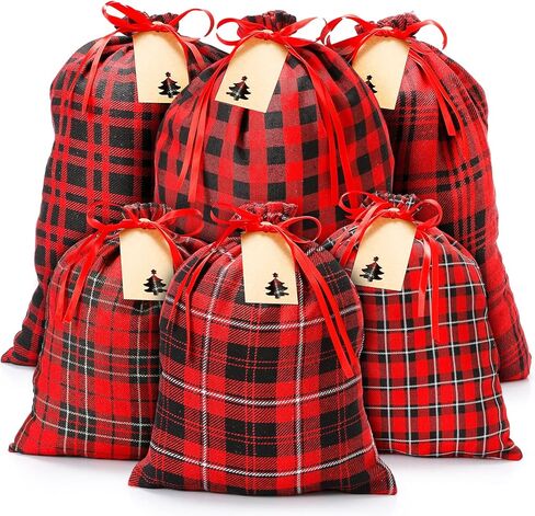iziusy 6 Pieces Christmas Buffalo Plaid Drawstring Gift Bags Stocking Storage Sack Present Party Xmas Favors Bags Christmas Party Decoration Supplies, 2 Sizes 6 Styles (Red and Black) in Kuwait