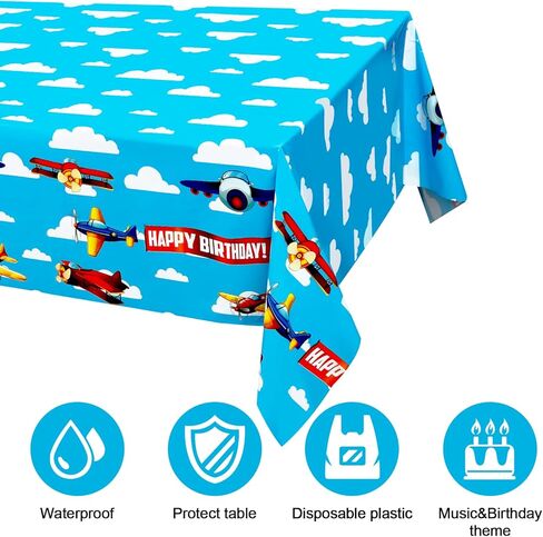 اتش اتش ال سي دبليو ايه 3 قطع من مفرش طاولة حفلات الطائرة، غطاء طاولة بلاستيكي ازرق سماوي ابيض سحابة الطائرة لمستلزمات تزيين حفلات اعياد الميلاد وحفلات استقبال المولود الجديد، 86.25 × 51.2 انش in Kuwait