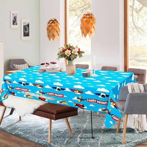 اتش اتش ال سي دبليو ايه 3 قطع من مفرش طاولة حفلات الطائرة، غطاء طاولة بلاستيكي ازرق سماوي ابيض سحابة الطائرة لمستلزمات تزيين حفلات اعياد الميلاد وحفلات استقبال المولود الجديد، 86.25 × 51.2 انش in Kuwait