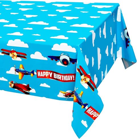 اتش اتش ال سي دبليو ايه 3 قطع من مفرش طاولة حفلات الطائرة، غطاء طاولة بلاستيكي ازرق سماوي ابيض سحابة الطائرة لمستلزمات تزيين حفلات اعياد الميلاد وحفلات استقبال المولود الجديد، 86.25 × 51.2 انش in Kuwait