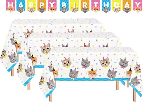 Oojami 3 Pack Table Cat Theme Tablecloth Large Size 54" x 108" Includes 1 Happy Birthday Banner Ideal for Cat Themed Birthday, Cat Party Table Cover Party Supplies in Saudi Arabia