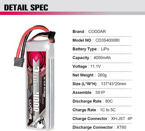3500mAh 3S 11.1V 80C LiPo Battery with XT60 Connector for 1/10 Scale RC Hobby Models RC Racing Drone FPV Quads Quadcoper in Kuwait