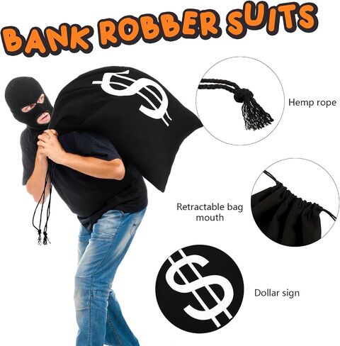 Zonon 8 Pieces Robber Costume Set Include Dollar Sign Money Drawstring Bag Canvas Cash Sack Eye Mask Knit Beanie Hat and Black Gloves for Halloween Bank Robber Cosplay Thief Burglar Theme Party in Saudi Arabia