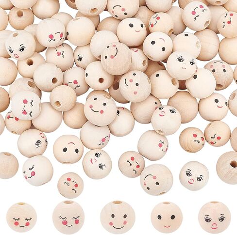 PH PandaHall 100 قطعة من الخرز الخشبي ذو الوجه المبتسم 20 مم خرز خشبي طبيعي خرز فضفاض مع خرز رأس الوجه لسوار قلادة مجوهرات مكرامية سلسلة مفاتيح ملاك حرفية لديكور عيد الميلاد، فتحة 4.7 مم in Kuwait