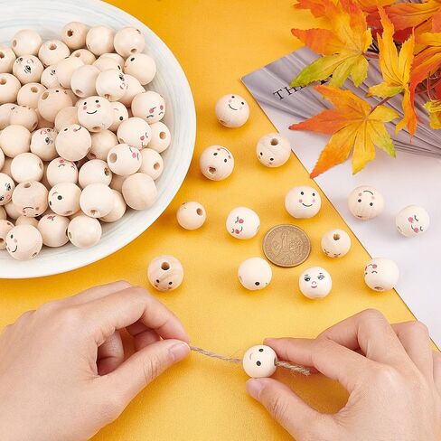PH PandaHall 100 قطعة من الخرز الخشبي ذو الوجه المبتسم 20 مم خرز خشبي طبيعي خرز فضفاض مع خرز رأس الوجه لسوار قلادة مجوهرات مكرامية سلسلة مفاتيح ملاك حرفية لديكور عيد الميلاد، فتحة 4.7 مم in Kuwait