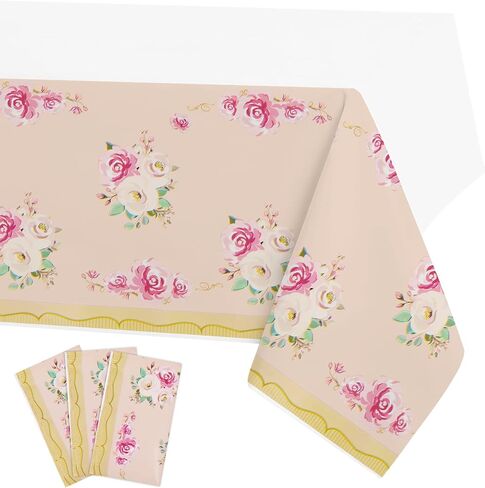 PHOGARY 3 Pieces Tea Party Floral Tablecloth for Party Decoration, Floral Plastic Rectangular Table Covers Flower Tablecloth for Tea Party Dessert Time Girl Birthday Party Supplies in Saudi Arabia