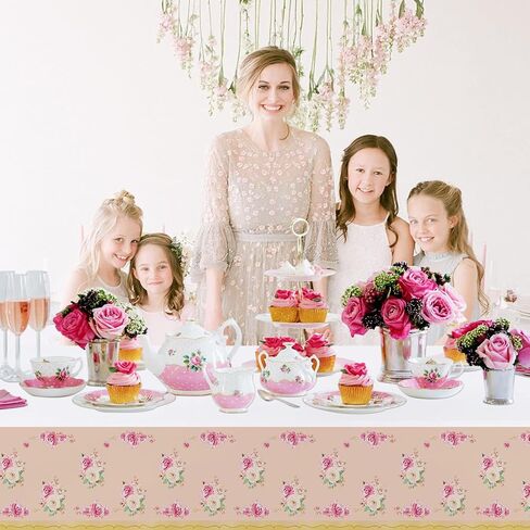 PHOGARY 3 Pieces Tea Party Floral Tablecloth for Party Decoration, Floral Plastic Rectangular Table Covers Flower Tablecloth for Tea Party Dessert Time Girl Birthday Party Supplies in Saudi Arabia