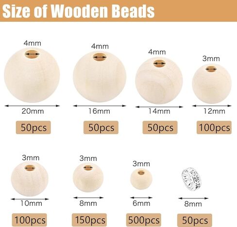 1050 قطعة من الخرز الخشبي غير مكتمل للحرف اليدوية، 7 أحجام كرات خشبية مستديرة طبيعية خرز خشبي فضفاض إكليل كروي مع فاصل خرز لصنع المجوهرات DIY (6 مم/8 مم/10 مم/12 مم/ 14 مم/ 16 مم/ 20 مم/ 20 مم) in Kuwait