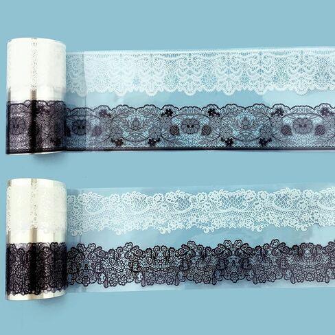 شريط دانتيل PET عتيق من PrettyLife 2 لفات 4 أنماط أبيض وأسود وزهور ذاتية اللصق من الدانتيل لسجل القصاصات ومخططي المجلات وإطار الصور وحرف دعوة الزفاف DIY (أسود أبيض -2) in Kuwait