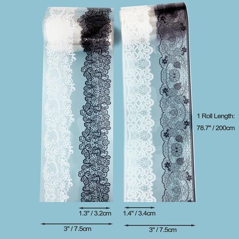 شريط دانتيل PET عتيق من PrettyLife 2 لفات 4 أنماط أبيض وأسود وزهور ذاتية اللصق من الدانتيل لسجل القصاصات ومخططي المجلات وإطار الصور وحرف دعوة الزفاف DIY (أسود أبيض -2) in Kuwait