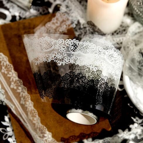 شريط دانتيل PET عتيق من PrettyLife 2 لفات 4 أنماط أبيض وأسود وزهور ذاتية اللصق من الدانتيل لسجل القصاصات ومخططي المجلات وإطار الصور وحرف دعوة الزفاف DIY (أسود أبيض -2) in Kuwait