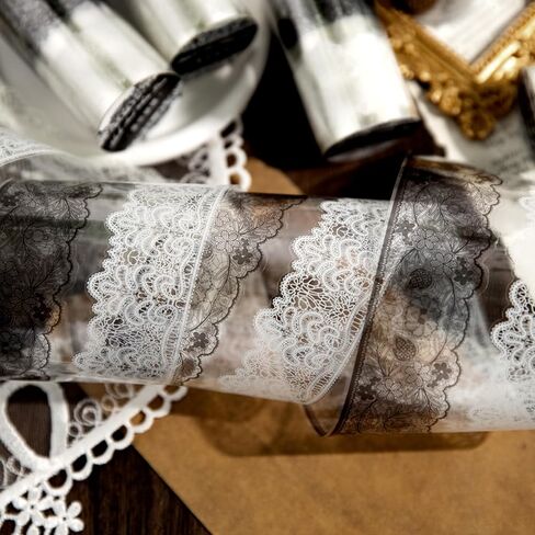 شريط دانتيل PET عتيق من PrettyLife 2 لفات 4 أنماط أبيض وأسود وزهور ذاتية اللصق من الدانتيل لسجل القصاصات ومخططي المجلات وإطار الصور وحرف دعوة الزفاف DIY (أسود أبيض -2) in Kuwait