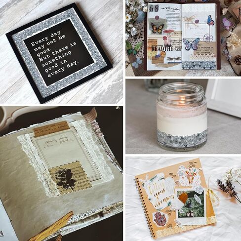 شريط دانتيل PET عتيق من PrettyLife 2 لفات 4 أنماط أبيض وأسود وزهور ذاتية اللصق من الدانتيل لسجل القصاصات ومخططي المجلات وإطار الصور وحرف دعوة الزفاف DIY (أسود أبيض -2) in Kuwait