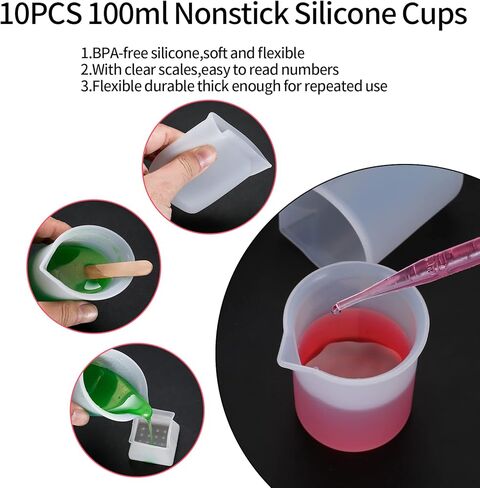 10 قطع من اكواب قياس سيليكون لراتنج الايبوكسي، 100 مل لوازم راتنج الايبوكسي، اكواب خلط الايبوكسي غير اللاصقة، قوالب صب الراتنج الايبوكسي، قوالب صنع المجوهرات، مع 20 ماصة in Kuwait