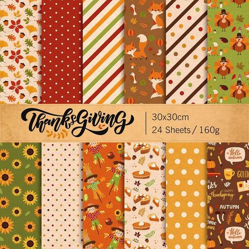 Whaline 24Pcs Fall Pattern Paper 30x30cm Autumn Leaves Fox Turkey Dot Double-Sided Scrapbook Specialty Paper Folded Flat for DIY Decorative Background Card Making Photo Album Junk Journal Decoration in Saudi Arabia