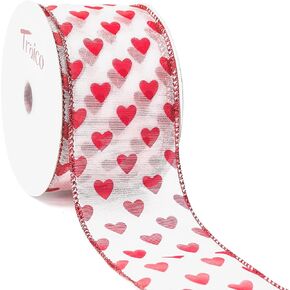 ترايكو أورجانزا مع شريط سلكي على شكل قلب أحمر لامع لديكور المنزل، تغليف الهدايا، الحرف اليدوية، 2.5 بوصة × 10 ياردات × 1 لفة in Kuwait